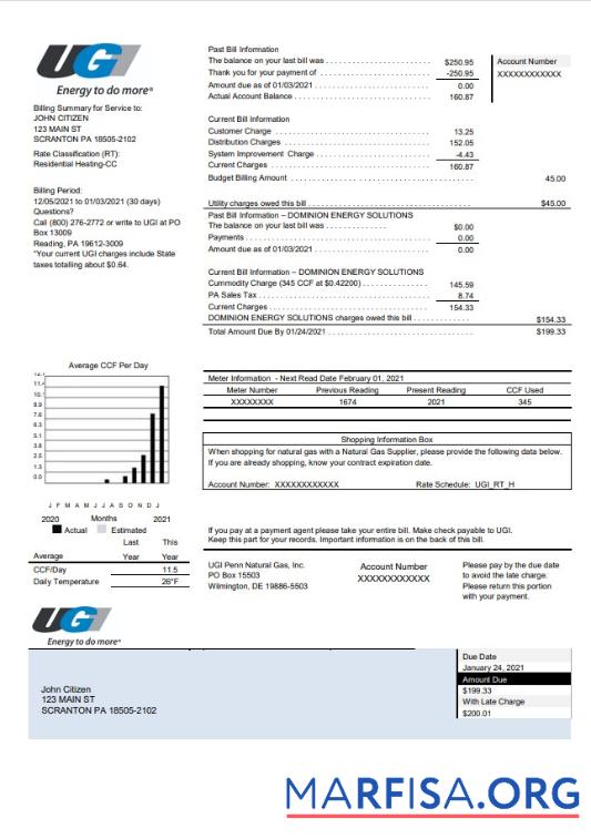 Downloadable USA Pennsylvania UGI Utilities utility bill template in Word and PDF format